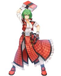 Rule 34 | 1girl, arm up, belt, book, breasts, cleavage, collarbone, collared shirt, commentary request, cookie (touhou), full body, gloves, green hair, guilty gear, highres, holding, holding book, kazami yuuka, large breasts, looking at viewer, orange eyes, order-sol, order sol, pantyhose, parody, plaid, plaid skirt, shirt, shoes, short hair, short sleeves, skirt, sleeveless, smile, sol badguy, solo, standing, tarmo, touhou, translated, transparent background, white pantyhose, white shirt