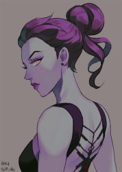 Rule 34 | 1girl, back tattoo, bare shoulders, colored skin, dress, earrings, from behind, hair slicked back, jewelry, lipstick, long hair, looking at viewer, looking back, makeup, neck, overwatch, overwatch 1, ponytail, purple hair, purple lips, purple skin, solo, sun ah, tattoo, widowmaker (overwatch), yellow eyes