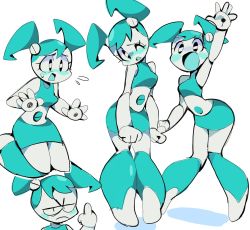 Rule 34 | 1girl, android, annoyed, blush, breasts, highres, jenny wakeman, leaning forward, medium breasts, middle finger, multiple views, my life as a teenage robot, nervous, one eye closed, open hand, open mouth, science fiction, shadow, twintails, v-shaped eyebrows, white background, yen0028