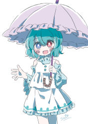 Rule 34 | 1girl, :d, absurdres, bare shoulders, blue eyes, blue hair, blue shirt, blush, commentary request, frilled shirt collar, frilled skirt, frilled sleeves, frills, heterochromia, highres, holding, holding umbrella, long sleeves, looking at viewer, open mouth, purple umbrella, red eyes, salt (seasoning), shirt, short hair, signature, simple background, skirt, smile, solo, tatara kogasa, touhou, umbrella, vest, white background, white skirt, white vest