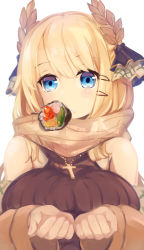 Rule 34 | 1girl, absurdres, azur lane, bare shoulders, blonde hair, blue eyes, breasts, brown coat, brown sweater, coat, coat dress, cross, cross necklace, ehoumaki, flower ornament, food, highres, jewelry, large breasts, laurel crown, looking at viewer, makizushi, mouth hold, necklace, open clothes, ribbed sweater, shika (shika0), sleeveless, sleeveless sweater, solo, sushi, sweater, taut sweater vest, victorious (azur lane), victorious (the goddess&#039; day off) (azur lane), white background
