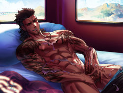Rule 34 | 10s, 1boy, abs, bed, black hair, cum, cum on body, dreadful alibi, erection, facial hair, final fantasy, final fantasy xv, gladiolus amicitia, grin, lying, male focus, muscular, naughty face, pectorals, penis, penis grab, pillow, scar, topless male, smile, smirk, solo focus, testicle grab, testicles, window