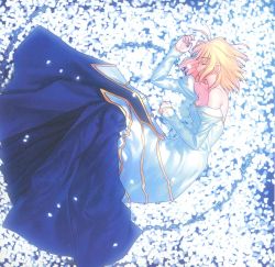 Rule 34 | 00s, 1girl, antenna hair, archetype earth, arcueid brunestud, blonde hair, breasts, cleavage, covered mouth, field, flower, flower field, from above, highres, solo, tsukihime
