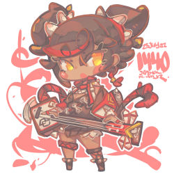Rule 34 | 1girl, black dress, black footwear, black hair, breasts, chibi, cleavage, dark-skinned female, dark skin, dress, genshin impact, guitar, hair behind ear, highres, holding, holding instrument, instrument, jrpencil, looking to the side, open mouth, orange eyes, short twintails, solo, spikes, thigh strap, twintails, xinyan (genshin impact)