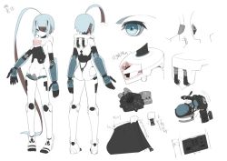 Rule 34 | 1girl, ahoge, android, arms at sides, barefoot, blue eyes, blue hair, breasts, brown hair, character sheet, commentary request, expressionless, eyes visible through hair, from behind, full body, huge ahoge, humanoid robot, joints, looking at viewer, multicolored hair, original, pigeon-toed, robot, robot joints, short hair, small breasts, suzukou, translation request, transparent, two-tone hair, white background