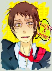 1boy adachi_tooru brown_hair english_text male_focus necktie red_necktie solo speech_bubble teeth text_focus upper_body yellow_eyes