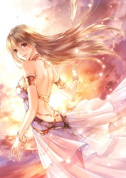 Rule 34 | 1girl, armlet, backless outfit, bare shoulders, bracelet, dutch angle, gold trim, hair between eyes, jewelry, long hair, original, outdoors, red eyes, see-through, solo, standing, twilight, yuzuki mia