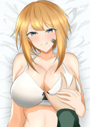 Rule 34 | 1girl, :q, arn7, assertive female, bandaid, bandaid on cheek, bandaid on face, bare shoulders, bed sheet, blonde hair, blue eyes, blush, breasts, cleavage, collarbone, commander (nikke), commentary request, deep skin, goddess of victory: nikke, grabbing, grabbing another&#039;s breast, grabbing another's breast, green jacket, groping, guided breast grab, guiding hand, hetero, highres, jacket, large breasts, long sleeves, looking at viewer, lying, maxwell (nikke), on back, partial commentary, pov, pov hands, short hair, sidelocks, smile, solo focus, sports bra, tongue, tongue out, upper body, white sports bra