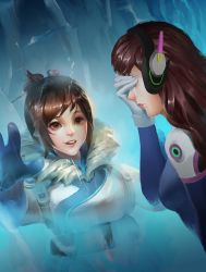 Rule 34 | 2girls, artist request, beads, belt, blue gloves, blush, bodysuit, bracer, breasts, brown eyes, brown hair, closed mouth, coat, covering own eyes, cropped, d.va (overwatch), facepalm, from side, frozen, fur-trimmed jacket, fur coat, fur collar, fur trim, glint, gloves, hair bun, hair ornament, hair stick, hand on own face, harness, highres, ice, jacket, large breasts, lips, long hair, long sleeves, md5 mismatch, medium breasts, mei (overwatch), multiple girls, no eyewear, open mouth, overwatch, overwatch 1, parka, pilot suit, pink lips, ribbed bodysuit, short hair, shoulder pads, sidelocks, single hair bun, son trinh, source request, swept bangs, turtleneck, upper body, white gloves, winter clothes, winter coat