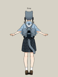 Rule 34 | 1girl, absurdres, animal ears, animal hat, back bow, backpack, bag, black hair, blue bow, blue hat, blue shirt, bow, bracelet, braid, brown footwear, cat ears, cat hat, cat tail, facing away, fake animal ears, fake tail, from behind, full body, grey skirt, hanatsuki, hat, highres, jewelry, long sleeves, miniskirt, original, outstretched arms, paw print, plaid, plaid skirt, pleated skirt, shirt, shoes, simple background, skirt, socks, solo, standing, tail, tasuki, twin braids, twintails, white socks
