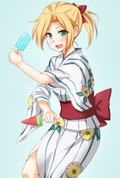 Rule 34 | 1girl, :d, anti (untea9), blonde hair, blue background, blush, commentary, dual wielding, food, green eyes, hair ribbon, highres, holding, japanese clothes, kantai collection, kimono, looking at viewer, maikaze (kancolle), obi, open mouth, ponytail, popsicle, red ribbon, reverse grip, ribbon, sash, simple background, smile, solo, striped clothes, striped kimono, v-shaped eyebrows, vertical stripes, watermelon bar, wide sleeves, yukata