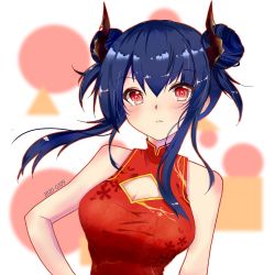 Rule 34 | 1girl, arknights, bare arms, bare shoulders, blue hair, blush, breasts, ch&#039;en (ageless afterglow) (arknights), ch&#039;en (arknights), china dress, chinese clothes, cleavage, cleavage cutout, clothing cutout, commentary, dated, double bun, dress, female focus, hair between eyes, hair bun, hakumo, hand on own hip, highres, horns, large breasts, long hair, looking at viewer, official alternate costume, red dress, red eyes, sidelocks, sleeveless, sleeveless dress, solo, upper body, white background