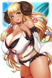 Rule 34 | 1girl, absurdres, ahoge, anila (granblue fantasy), anila (summer) (granblue fantasy), bikini, blonde hair, blunt bangs, blush, breasts, cleavage, detached sleeves, draph, granblue fantasy, highres, horns, huge breasts, kusahagane, long hair, looking at viewer, sheep horns, solo, swimsuit, tan, tanline, thick eyebrows, thighs, white bikini, wide sleeves, yellow eyes