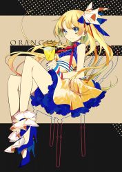 Rule 34 | 1girl, arm warmers, bare legs, bare shoulders, bendy straw, blonde hair, blue eyes, blue footwear, bow, copyright name, dress, drink, drinking straw, frills, gathers, glass, hair ornament, high heels, highres, holding, invisible chair, legs, looking at viewer, mochizuki kei, nail polish, neck ribbon, orangina, original, personification, ribbon, shoes, sitting, skirt, sleeveless, smile, solo, strapless, strapless dress, striped, turtleneck, vertical stripes, yellow dress, yellow skirt