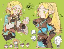 Rule 34 | 1girl, alternate hairstyle, blonde hair, blush, braid, cosplay, costume switch, fingerless gloves, gloves, green eyes, highres, link, long hair, nintendo, official alternate costume, open mouth, paozi haox, parted bangs, pointy ears, princess zelda, short hair, sidelocks, smile, solo, the legend of zelda, the legend of zelda: tears of the kingdom