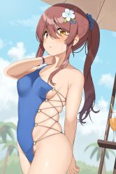 Rule 34 | 1girl, absurdres, alternate costume, bad id, bad twitter id, blue one-piece swimsuit, blush, breasts, highres, idolmaster, idolmaster shiny colors, juice, medium breasts, one-piece swimsuit, osaki tenka, ponytail, solo, standing, swimsuit, twitter, wanimaru