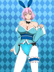 Rule 34 | 1girl, adapted costume, animal ears, bare shoulders, blue leotard, breasts, bridal garter, cleavage, detached collar, frills, hat, highres, japanese clothes, lactone, large breasts, leotard, looking at viewer, pantyhose, pink eyes, pink hair, rabbit ears, saigyouji yuyuko, short hair, smile, solo, touhou, white pantyhose