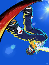 Rule 34 | 1boy, alternate costume, blue pants, commentary request, creatures (company), day, from below, game freak, goggles, grusha (pokemon), highres, jacket, lens flare, male focus, min (myna8247), nintendo, outdoors, pants, pokemon, pokemon sv, shoes, signature, sky, snowboard, snowboarding, solo, sun, white footwear, white jacket
