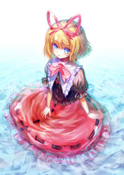 Rule 34 | :o, absurdres, blonde hair, blue eyes, blush, bubble skirt, colored eyelashes, doll, doll joints, frilled skirt, frills, from above, highres, hinasumire, huge bow, joints, looking to the side, medicine melancholy, neck ribbon, open mouth, puffy short sleeves, puffy sleeves, red ribbon, red skirt, ribbon, short hair, short sleeves, skirt, solo, touhou, water, wet, wet clothes, wet skirt