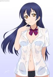 Rule 34 | 1girl, absurdres, alter real zero, artist name, artist request, black panties, blue hair, blush, bow, bowtie, breasts, brown eyes, cleavage, collarbone, female focus, hair between eyes, highres, long hair, looking at viewer, love live!, love live! school idol project, medium breasts, panties, parted lips, red bow, shirt, short sleeves, small breasts, smile, solo, sonoda umi, striped, striped bow, underwear, wet, wet clothes, wet shirt, white background, white shirt, yellow eyes
