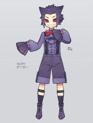 Rule 34 | 1boy, aona (noraneko), black eyes, boots, bow, bowtie, calf socks, center frills, character name, collared shirt, colored sclera, constricted pupils, creatures (company), cross-laced footwear, frills, game freak, gen 1 pokemon, gengar, grin, hair ears, hair slicked back, ascot, lace-up boots, looking to the side, male focus, nintendo, personification, pokedex number, pokemon, purple hair, red sclera, shirt, short hair, shorts, signature, sleeves past fingers, sleeves past wrists, smile, legwear garter, solo, spiked hair, suspenders, v-shaped eyebrows