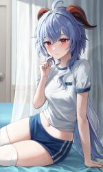 Rule 34 | 1girl, absurdres, ahoge, alternate costume, blue hair, blue shorts, blush, breasts, curtains, door, ganyu (genshin impact), genshin impact, goat horns, gym uniform, hair between eyes, hand on own face, highres, horns, indoors, looking at viewer, low ponytail, medium breasts, miudo, name tag, navel, open mouth, red eyes, school uniform, shirt, short sleeves, shorts, sidelocks, sitting, thighhighs, thighs, white shirt, white thighhighs