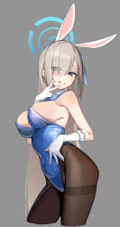 Rule 34 | 1girl, :d, animal ears, asuna (blue archive), bare shoulders, blonde hair, blue archive, blue bow, blue bowtie, blue eyes, blue leotard, blush, bow, bowtie, breasts, brown pantyhose, covered navel, cowboy shot, cropped legs, detached collar, gloves, hair over one eye, halo, highres, komi (komiking), large breasts, leotard, long hair, looking at viewer, open mouth, pantyhose, parted lips, playboy bunny, rabbit ears, smile, solo, strapless, strapless leotard, thighband pantyhose, very long hair, white gloves