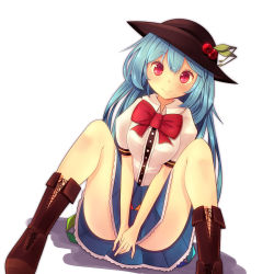 Rule 34 | 1girl, blue hair, boots, bow, cherry, covering privates, covering crotch, food, fruit, hat, hinanawi tenshi, long hair, oimo (imoyoukan), peach, puffy short sleeves, puffy sleeves, red eyes, shirt, short sleeves, sitting, skirt, smile, solo, spread legs, thighs, touhou, upskirt, v arms, very long hair