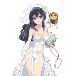 Rule 34 | 1girl, :d, :o, bare shoulders, bead necklace, beads, bird, black hair, blue eyes, book, bouquet, bow, breasts, bridal veil, cleavage, collarbone, colored eyelashes, contrapposto, covered navel, cowboy shot, cross, dress, elbow gloves, eyebrows, floating, floral print, flower, frilled dress, frills, glasses, gloves, hair between eyes, head tilt, highres, hip focus, holding, holding book, holding bouquet, jewelry, kusaka souji, lace, lace-trimmed dress, lace-trimmed gloves, lace trim, lens flare, lily (flower), long hair, looking at viewer, marina sophia, medium breasts, necklace, official art, open mouth, owl, parted bangs, pearl necklace, pelvic curtain, priest, purple ribbon, raised eyebrows, ribbon, rimless eyewear, rose, see-through, side slit, sideboob, sidelocks, smile, solo, sparkle, standing, stole, strapless, strapless dress, thighs, tiara, transparent background, uchi no hime-sama ga ichiban kawaii, veil, wavy hair, wedding dress, white bow, white dress, white flower, white gloves, white ribbon, white rose, yellow eyes