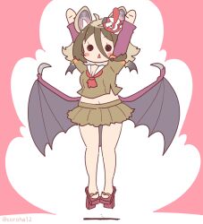 Rule 34 | 1girl, animal ears, arms up, bat ears, bat girl, bat wings, bow, bowtie, coroha, extra ears, full body, geta, grey hair, hilgendorf&#039;s tube-nose bat (kemono friends), jumping, kemono friends, looking at viewer, mask, pink background, sailor collar, shirt, short hair, simple background, skirt, solo, wings