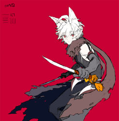 Rule 34 | 1boy, ahoge, black cape, black gloves, black shirt, cape, closed mouth, commentary request, dagger, dual wielding, elbow gloves, expressionless, feet out of frame, gloves, guillotine cross (ragnarok online), hair between eyes, holding, holding dagger, holding knife, holding weapon, knife, kusabi (aighe), long bangs, looking at viewer, male focus, official alternate costume, ragnarok online, red background, red eyes, scarf, shirt, short hair, simple background, sleeveless, sleeveless shirt, solo, torn cape, torn clothes, torn scarf, waist cape, weapon, white hair