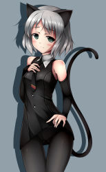 Rule 34 | 1girl, absurdres, animal ears, aqua eyes, bare shoulders, black pantyhose, blush, cat ears, cat tail, cowboy shot, crotch seam, detached sleeves, grey background, hand on own chest, highres, jk-ff, pantyhose, sanya v. litvyak, short hair, silver hair, solo, strike witches, tail, thigh gap, world witches series