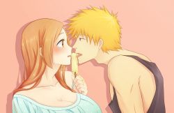 Rule 34 | 57 (lme piggy117), bleach, blush, breasts, cleavage, eye contact, inoue orihime, kurosaki ichigo, licking, long hair, looking at another, orange hair, popsicle, tongue, wavy mouth