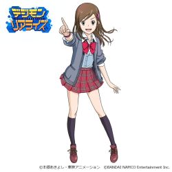 Rule 34 | 1girl, bandai, black socks, blue eyes, bow, bowtie, brown footwear, brown hair, commentary request, company name, digimon, digimon rearise, grey jacket, hair ornament, hairclip, jacket, kneehighs, logo, long hair, nakatsuru katsuyoshi, official art, open clothes, open jacket, open mouth, plaid, plaid skirt, pleated skirt, pointing, purple wristband, red bow, red bowtie, red skirt, school uniform, shinjo michi, shirt, shoes, simple background, skirt, smile, socks, solo, watermark, white background, white shirt, wristband