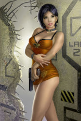 Rule 34 | 1girl, ada wong, alternate costume, artist request, bare arms, bare legs, bare shoulders, black choker, black eyes, black hair, breasts, capcom, choker, cleavage, closed mouth, dress, earrings, gun, half-closed eyes, holding, holding gun, holding weapon, jewelry, lips, lipstick, looking at viewer, makeup, medium breasts, nail polish, neck, necklace, orange dress, resident evil, serious, short dress, short hair, standing, watch, weapon, wristwatch