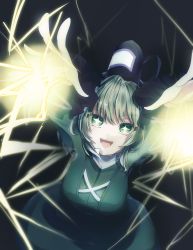 Rule 34 | + +, 1girl, :d, black background, breasts, cross-laced clothes, dress, electricity, green dress, green hair, hat, hayuk0, highres, large breasts, lightning, looking at viewer, open mouth, short hair, smile, soga no tojiko, solo, tate eboshi, touhou