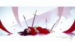Rule 34 | 1girl, aurahack, barefoot, black hair, blood, blood from mouth, hairband, impaled, original, pool of blood, robe, signature, solo, watermark, web address