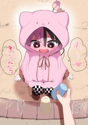 Rule 34 | 1boy, 1girl, animal hood, black hair, blush, breasts, checkered shorts, demon girl, demon tail, heart, heart-shaped pupils, highres, hood, hood up, large breasts, looking down, multicolored hair, oppai loli, original, outdoors, parka, purple hair, sand, sand castle, sand sculpture, short hair, shorts, solo focus, split-color hair, spoken heart, squatting, symbol-shaped pupils, tail, zurikishi