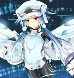 Rule 34 | 1girl, armor, blanc (neptunia), blue hair, bodysuit, breasts, cabbie hat, hair ornament, hat, highres, long hair, looking at viewer, neptune (series), next white, red eyes, shin jigen game neptune vii, short hair, short hair with long locks, solo, symbol-shaped pupils, white heart (neptunia), wings