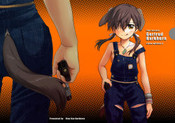Rule 34 | 1girl, :p, :q, airsoft gun, alternate costume, animal ears, bad id, bad pixiv id, bare shoulders, blush, cover, dog ears, gertrud barkhorn, gun, hair over one eye, naked overalls, niina ryou, overalls, smile, strike witches, tail, tongue, tongue out, weapon, world witches series, wristband