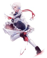 Rule 34 | 1girl, black gloves, blood, bow, braid, dress, dutch angle, full body, gensou aporo, gloves, hair bow, hair ornament, highres, izayoi sakuya, knife, leg up, long sleeves, looking at viewer, looking back, maid headdress, perfect cherry blossom, pocket watch, puffy sleeves, red eyes, ribbon, sash, scarf, short hair, silver hair, simple background, smile, solo, thighhighs, torn clothes, torn scarf, touhou, twin braids, upskirt, watch, white background, white thighhighs, zettai ryouiki