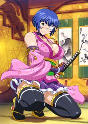 Rule 34 | 1girl, black legwear, blue hair, breasts, choker, cleavage, covering privates, eyepatch, green eyes, highres, ikkitousen, japanese clothes, kimono, kneeling, large breasts, mole, official art, ryomou shimei, sandals, short hair, smile, solo, sword, waifu2x, weapon