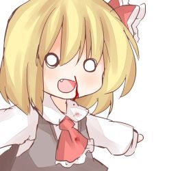 1girl ascot bad_id bad_pixiv_id blonde_hair blood chibi daitirumoesu embodiment_of_scarlet_devil fang female_focus hair_ribbon nosebleed o_o open_mouth outstretched_arms ribbon rumia short_hair solo spread_arms touhou upper_body