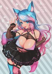 Rule 34 | 1girl, absurdres, animal ears, black skirt, blue hair, breasts, candy, cat ears, cleavage, commentary, commission, dated, english commentary, fingerless gloves, food, from above, gloves, gradient hair, highres, holding, holding candy, holding food, holding lollipop, large breasts, leaning forward, lollipop, multicolored hair, nail polish, nozomi no hon, ok sign, pink hair, second-party source, silvervale, silvervale (4th costume), skeb commission, skirt, smile, solo, thighhighs, tongue, tongue out, two-tone hair, virtual youtuber, vshojo
