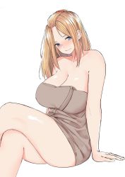Rule 34 | 1girl, absurdres, arm support, bangs pinned back, bare shoulders, blonde hair, blue eyes, blush, breasts, cleavage, closed mouth, collarbone, commentary, english commentary, folded hair, hair ornament, hairclip, highres, inne sulistya robin, large breasts, crossed legs, long hair, looking at viewer, naked towel, norman maggot, original, simple background, sitting, smile, solo, teacher, thighs, towel, white background