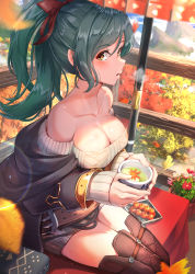 Rule 34 | 1girl, :o, absurdres, autumn leaves, balcony, bare shoulders, belt, belt buckle, black coat, blush, boots, bow, breasts, breath, brown footwear, buckle, character request, cleavage, coat, commentary request, cup, day, dress, from side, granblue fantasy, green hair, grey dress, grey sweater, hair bow, herja, highres, holding, holding cup, large breasts, leaf, lens flare, long hair, long sleeves, looking at viewer, looking to the side, maple leaf, nose (oekaki1825), off-shoulder sweater, off shoulder, open clothes, open coat, outdoors, parted lips, plant, ponytail, potted plant, red bow, sideways glance, sitting, solo, sweater, sweater dress, thigh boots, thighhighs, yellow eyes, zettai ryouiki