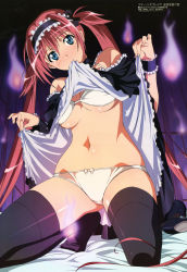 Rule 34 | 00s, 1girl, absurdres, airi (queen&#039;s blade), airi (queen's blade), airi (the infernal temptress), bare shoulders, bed sheet, black thighhighs, blue eyes, blush, bow, bow panties, bra, breasts, cleavage, clothes lift, female focus, hair between eyes, head tilt, highres, kneeling, lingerie, long hair, looking at viewer, lowleg, lowleg panties, maid, maid headdress, megami magazine, miyazawa tsutomu, mouth hold, navel, official art, panties, queen&#039;s blade, red hair, scan, shoes, skirt, skirt lift, smile, solo, spirits, thighhighs, thighs, twintails, underboob, underwear, very long hair, white bra, white panties, wrist cuffs