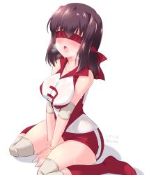 Rule 34 | 1girl, arm support, blindfold, blush, breasts, breath, brown eyes, cleavage, commentary, dated, elbow pads, girls und panzer, headband, highres, knee pads, kondou taeko, kuzuryuu kennosuke, legs, medium breasts, medium hair, no shoes, one-hour drawing challenge, open mouth, red headband, red shirt, red shorts, red socks, saliva, see-through, shadow, shirt, short shorts, shorts, simple background, single vertical stripe, sitting, sleeveless, sleeveless shirt, socks, solo, sportswear, sweat, twitter username, v arms, volleyball uniform, wariza, wet, wet clothes, wet shirt, white background