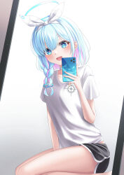 Rule 34 | 1girl, absurdres, arona (blue archive), between legs, black shorts, blue archive, blue eyes, blue hair, braid, breasts, cellphone, dolphin shorts, hair over shoulder, hair ribbon, halo, hand between legs, highres, holding, holding phone, light blue hair, looking at viewer, open mouth, phone, ribbon, seiza, shira jun, shirt, shorts, sitting, small breasts, smartphone, smile, solo, t-shirt, white ribbon, white shirt