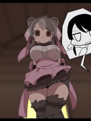 Rule 34 | 2girls, animal ears, arms behind back, arrow (symbol), back bow, bear ears, bear girl, bergman&#039;s bear (kemono friends), bike shorts, blurry, blurry background, bow, bowtie, breast pocket, breasts, brown eyes, brown legwear, captain (kemono friends), center frills, chibi, closed mouth, collared shirt, commentary request, empty eyes, expressionless, feet out of frame, frills, from below, fur-trimmed legwear, fur trim, grey hair, hair bow, highres, indoors, kemono friends, kemono friends 3, large breasts, letterboxed, long hair, looking at viewer, looking down, multicolored hair, multiple girls, nervous, nervous smile, onaji (sokudo seigen), open mouth, pocket, shirt, shorts, shorts under skirt, skirt, smile, solo focus, standing, sweat, nervous sweating, swept bangs, thighhighs, two-tone hair
